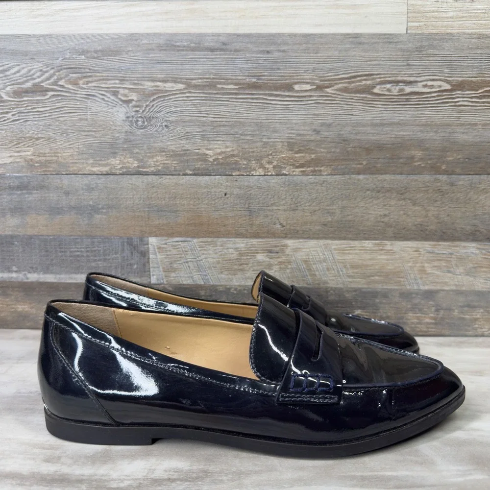 MICHAEL KORS Connor Womens Size 8 Navy Blue Patent Leather Penny Loafers